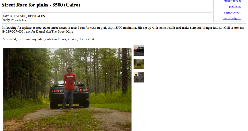 Illustration for article titled Dear Daniel aka The Street King, Don't Advertise For Illegal Street Racing On Craigslist